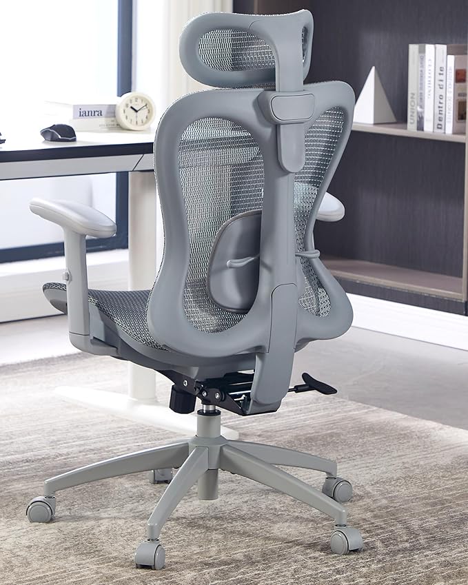 Ergonomic Office Desk Chair, Comfortable Computer Gaming Chair, Breathable Mesh Back & Seat, Adjustable Armrest & Headrest, Lumbar Support, Butterfly Design for Home Office, Gray