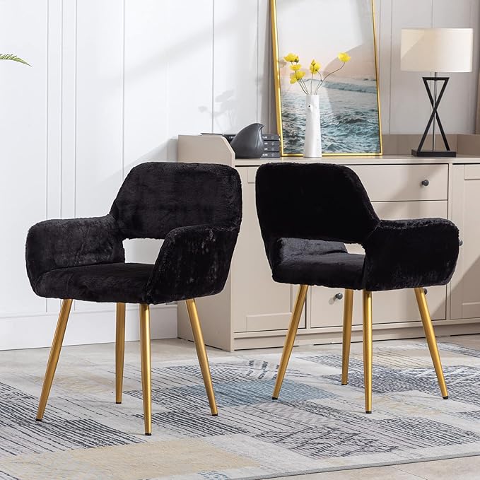 KCC Furry Desk Chair Set of 2, Mid-Century Modern Accent Faux Fur Chair for Teen Girls, Comfy Armchair with Wood Look Metal Legs for Living Dining Room, Home Vanity Makeup Office Desk Chairs No Wheel