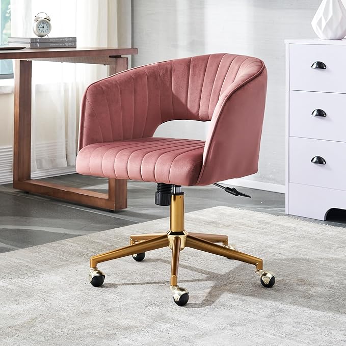 Kiztir Vanity Chair with Wheel, Modern Velvet Home Office Chair with Back, Criss Cross Armchair for Vanity, Living Room, Bedroom and Study (Dusty Pink)