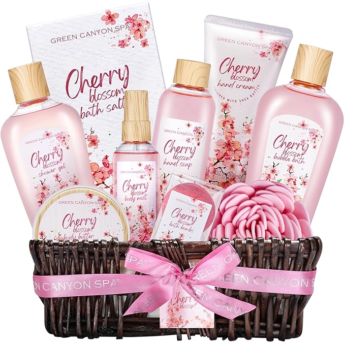 Green Canyon Spa Birthday Gifts for Women 11 Pcs Cherry Blossom Spa Gift Baskets Birthday Gift for Mom Her Friend Sister Wife Mothers Day Gifts for Her Bath and Body Gift Sets Presents for Her