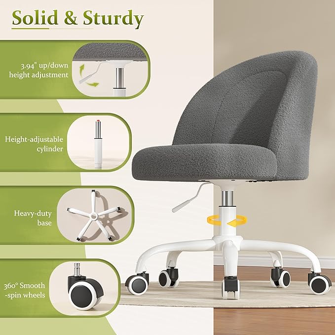 Vanity Chair with Back, Cute Desk Chair with Wheels, Armless Office Chair Height Adjustable, Soft Lumbar Support for Small Space, Bedroom, Grey