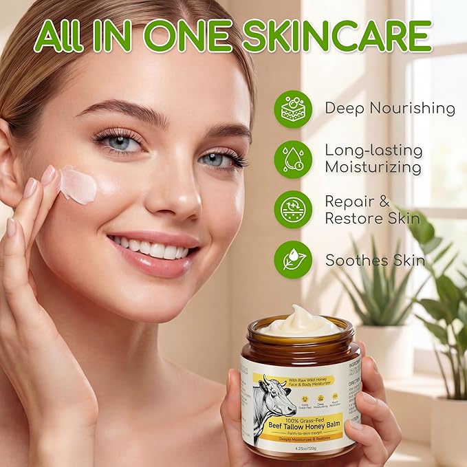 Beef Tallow for Skin & Face, Whipped Tallow and Honey Balm Cream, 100% Grass-Fed Beef Tallow Face Moisturizer with Raw Honey, All Natural Organic Body Lotion Skincare for Women & Men, Unscented 4.2 OZ
