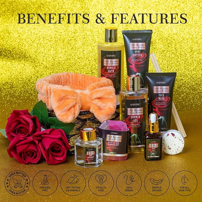 Luxury 14 pcs Cherry Blossom & Rose Bath and Body Basket Gift, Face Skin Care Kit, Home Spa Self Care, Relaxing Care Kit, Birthday, Christmas, Mother, Bridal Shower, Anniversary