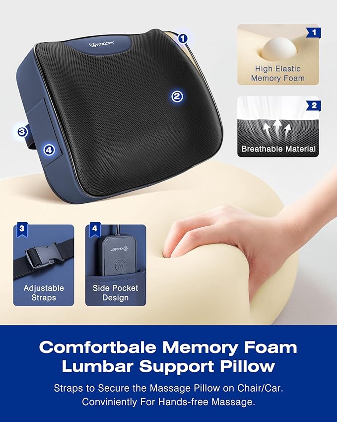 Heated Lumbar Support Pillow for Office Chair, Ergonomic Back Support Pillows with Vibration, Memory Foam Chair Back Massager for Pain Relief, 3 Heat Levels & 3 Massage Modes, Gifts for Mon Dad