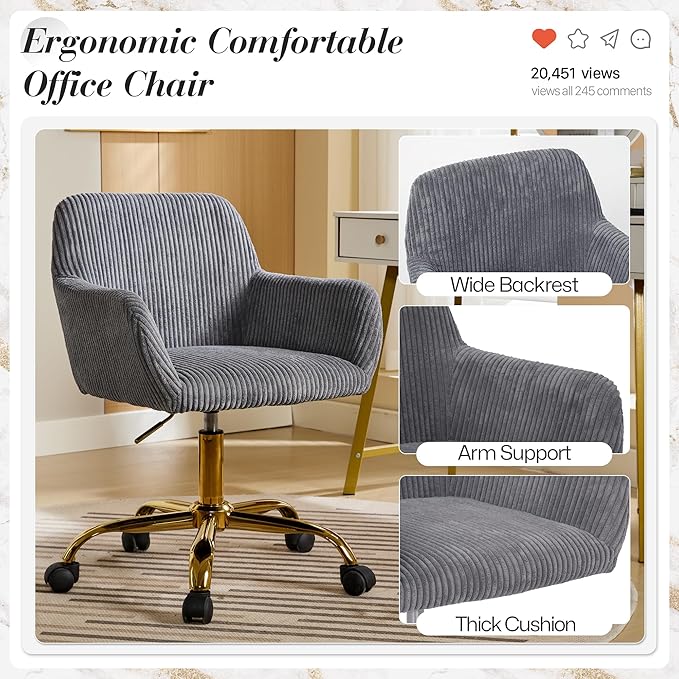 Faux Fur 360°Swivel Desk Chair, Height Adjustable Home Office Armchair with Golden Base for Teens Women Girls, Upholstery Computer Chair for Home Studios, Corduroy & Dark Gray