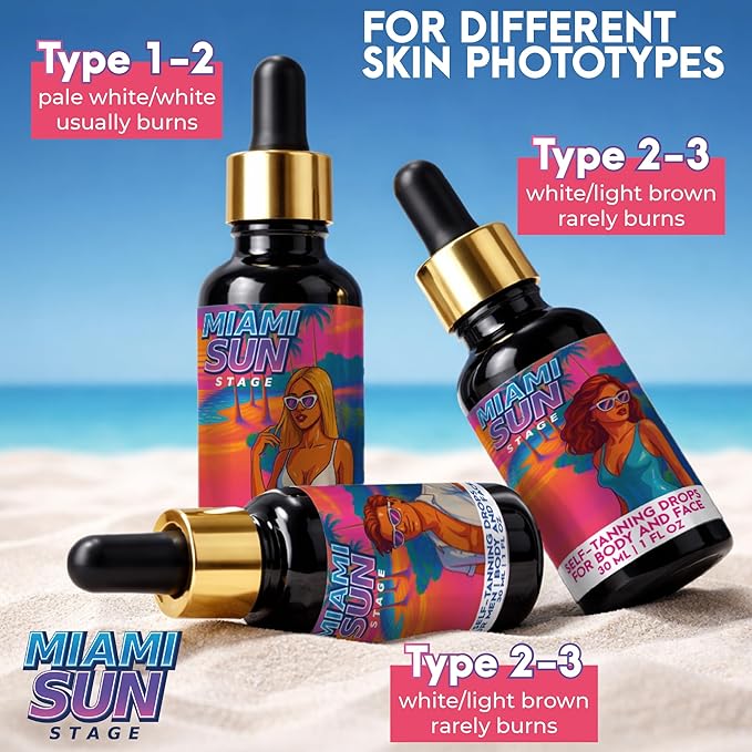 Miami Sun Stage Self Tanning Drops Face & Body - Medium to Dark Tan - For Skin Type 2-3 - Hydrating Sunless Concentrate with Aloe & Fruit Extracts - Vegan Cruelty Free Liquid Bronzer - 1 fl oz