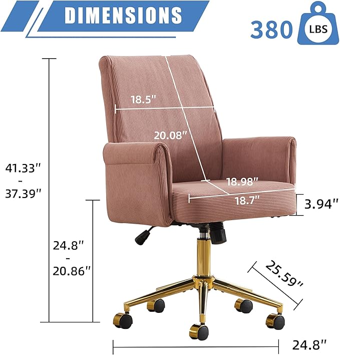 Striped Velvet Office Chair, 360° Swivel Ergonomic Task Chair with High Back, Gold Base and Wheels, Height Adjustable Modern Accent Chair for Home Office, Living Room, Study, Vanity (Dark Pink)