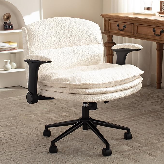 Dowinx Criss Cross Chair with Adjustable Flip-up Arms and Wheels, Comfort Ergonomic Office Desk Armchair with 3 Layer Cushions, Wide Seat Vanity Chair for Home Office, Living Room, Bedroom, Beige
