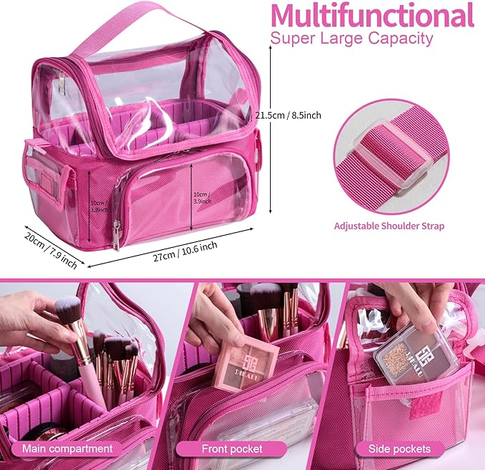 BS-MALL Makeup Bag, Transparent PVC Clear Travel Makeup Brush Holder, Tool Organizer Case with Shoulder Strap (Hotpink)