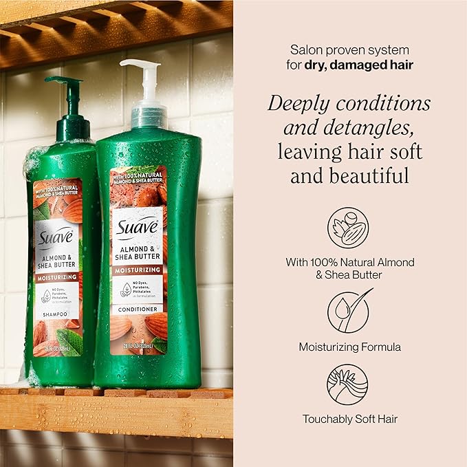 Suave Moisturizing Conditioner with 100% Natural Almond & Shea Butter, Deep Conditioning Care for Dry, Damaged Hair, No Parabens, Phthalates, or Dyes, 4 Pack, 28 FL OZ EA