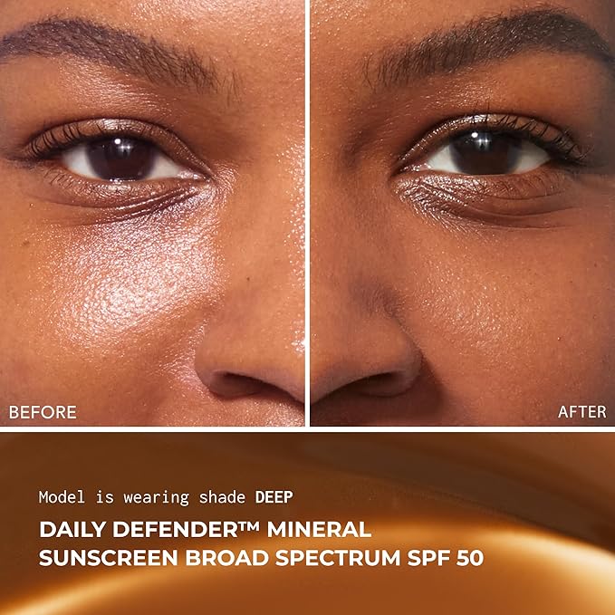 Daily Defender Broad Spectrum SPF 50 Mineral Sunscreen with Hyaluronic Acid, Vitamin C & Niacinamide (as Vitamin B3), Lightweight UVA & UVB Protection, Skin Care, Deep