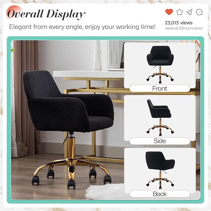 Faux Fur 360°Swivel Desk Chair, Modern Height Adjustable Home Office Armchair with Golden Base for Teens Women Girls, Upholstery Computer Chair for Home Studios, Sherpa & Black