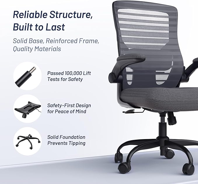 Office Desk Chair for Long Hours & Lower Back Pain Relief – 4“ Thick Molded Foam Cushion, Enhanced Lumbar Support, Padded Flip-up Armrests, Ideal for Office or Study, Dark Gray