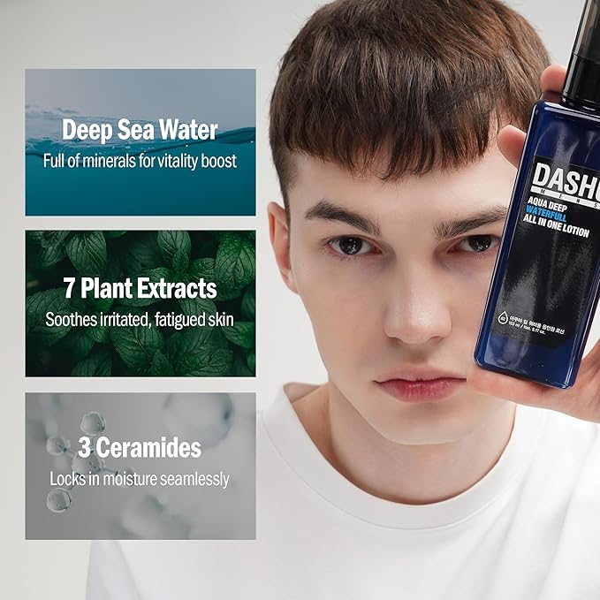 DASHU Aqua Deep Waterfull All-in-One Face Lotion for Men | Hydrating Age-Defying Toner, Essence, Moisturizer & Cream Korean Lotion 5.17 fl oz