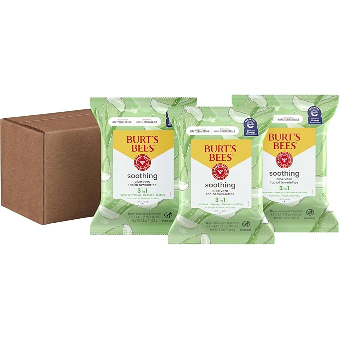 Burt's Bees Aloe Vera Face Wipes, for Sensitive Skin, Soothing Makeup Remover & Facial Cleansing Towelettes, 30 Ct. (3-Pack)