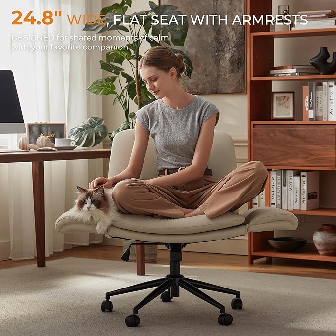 Dowinx Criss Cross Chair with Five-Level Adjustable Arms and Wheels - Comfortable Ergonomic PU Leather Swivel Vanity Chair - Computer Makeup Gaming Chair for Home Office, Bedroom, Vanity Room (Khaki)