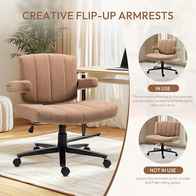 Criss Cross Chair with Wheels – Comfortable Vanity Chair, Wide Rolling Legged Office Chairs Arms, Adjustable Desk Comfy for Home Office, Swivel Task (Brown)