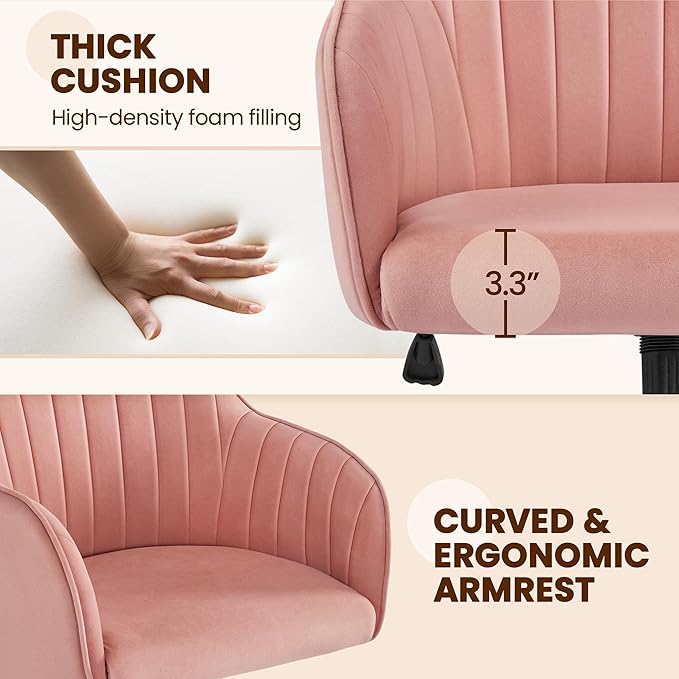 Yaheetech Pink Desk Vanity Chair Comfy Modern Aesthetic Accent Armchair Height Adjustable Swivel Computer Chair for Bedroom or Office