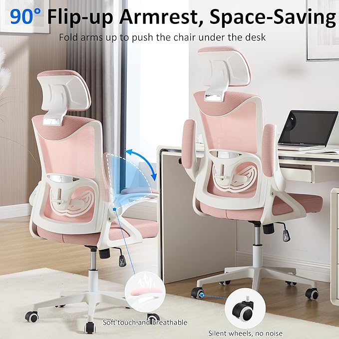 Fizzin Ergonomic Office Chair,Ergonomic Desk Chair with Headrest Mesh Computer Chair with High Back Adjustable Lumbar Support, Rolling Swivel Chairs with Wheel Armrests for Home Office(Pink)