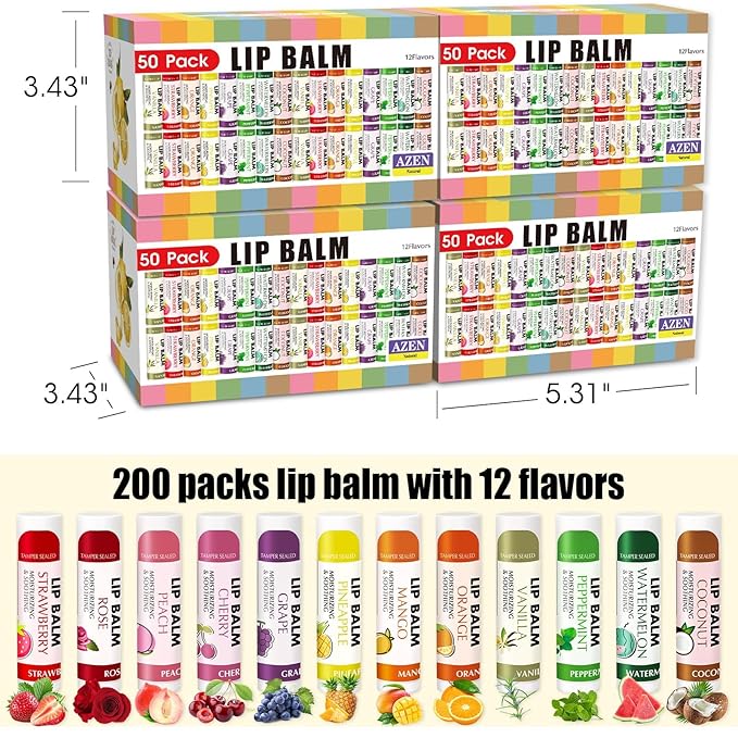 AZEN 200 Pack Lip Balm, Natural Lip Balm Bulk, Lip Care Product, Moisturizing Lip Balms for dry cracked lips, Valentines Gifts Easter Basket Stuffers - 12 Flavors