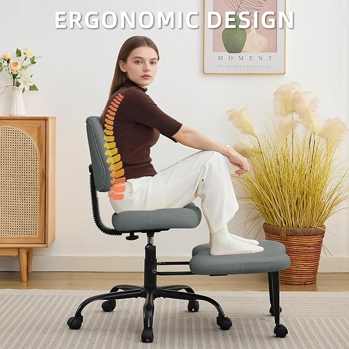 Ergonomic Cross Legged Office Chair, Criss Cross Chair with Wheels, 360°Swivel ADHD Meditation Kneeling Yoga Seat with Adjustable Height, Ergonomic Back Support and Leg Rest, Leather (Gray)