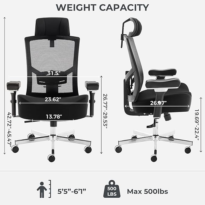 600lbs Big and Tall Office Chair,Oversized Ergonomic Breathable Mesh Desk Chair with W-Shape Thicken Seat Cushion,Computer Chair Upgraded 4D Armrest with Adjustable Lumbar Support&Headrest