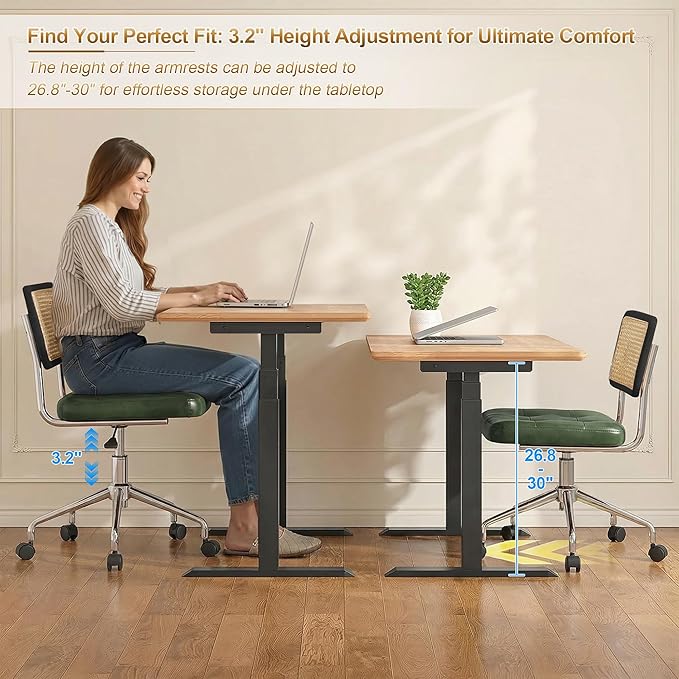 Zesthouse Mid Century Home Office Chair, Armless Desk Chair with Rattan Back, Adjustable Height Task Chair Vanity Chair for Girls Women, Upholstered Swivel Chair, Green Faux Leather