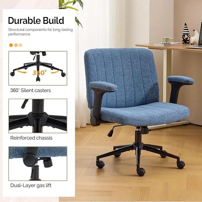 VINGLI Criss Cross Chair with Adjustable Flip-Up Arms,Cross Legged Chair with Wheels,Extra Wide Office Chair,Desk Chair for Home Office,Vanity,Bedroom, Apartment,Starry Chenille,Navy Blue