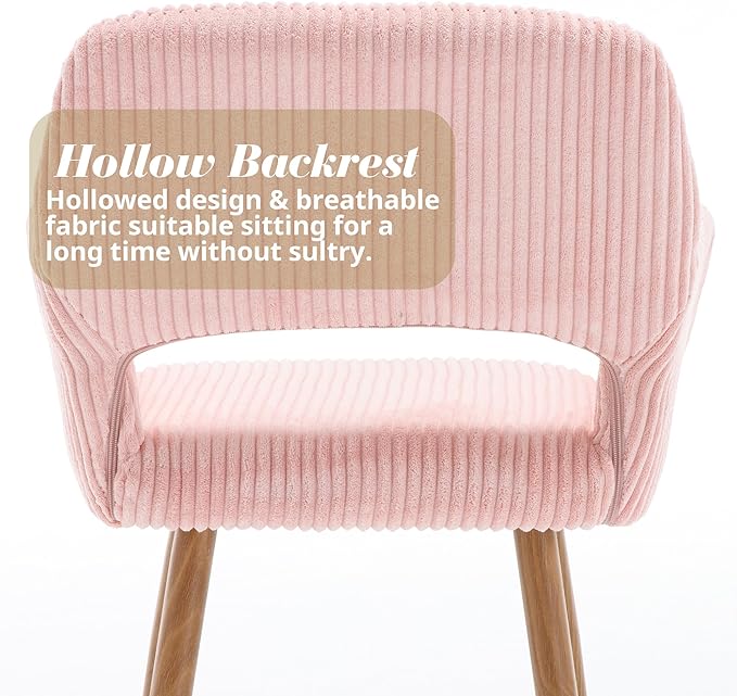 HENJIANYI Home Office Corduroy Desk Chair, Makeup Vanity Chair, Comfy Accent Armchair with Wood Grain Metal Legs, Cute Dining with Hollowed Back, Pink
