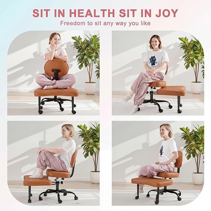 GUNJI Ergonomic Criss Cross Legged Office Chair, 360° Swivel Meditation Kneeling Chair with Wheels, ADHD Chair with Footrest, Lumbar Support, Wider Height Adjustable Seat (Brown, Faux Leather)