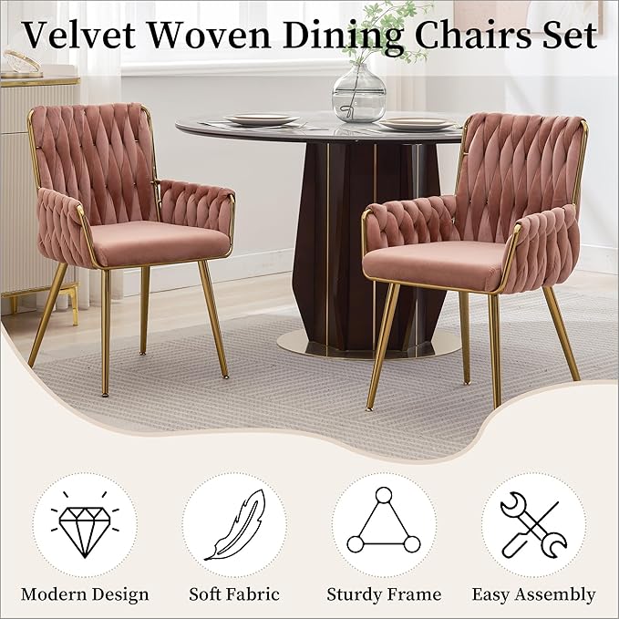 Westice Home Office Desk Chair, Upholstered Hand Weaving Desk Chairs with Golden Metal Legs & Armrest, Modern Accent Chairs for Living Room, Vanity Makeup Room, Rose Red