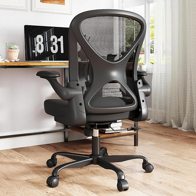 Mesh Office Chair with Adjustable Lumbar Support and Flip-up Arms, Ergonomic Home Office Desk Chair with Wheels, Black