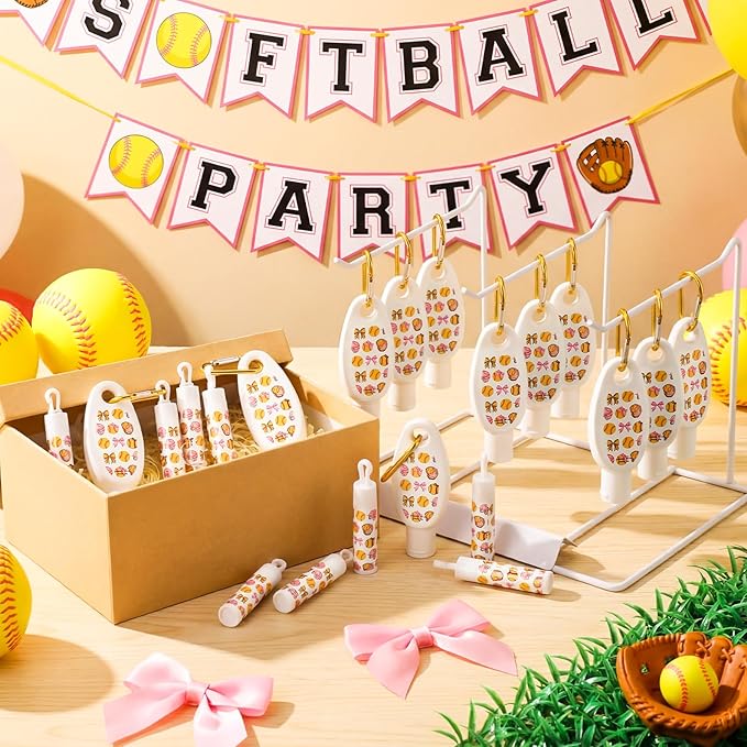 Demissle 12 Sets Softball Party Favors Mini Sunscreen and Sunscreen Lip Balms Bulk Spf 30 Travel Size 1oz Lotion with Carabiner Clip-on Lip Balms Packets for Team Women Birthday Gifts(Softball Bow)