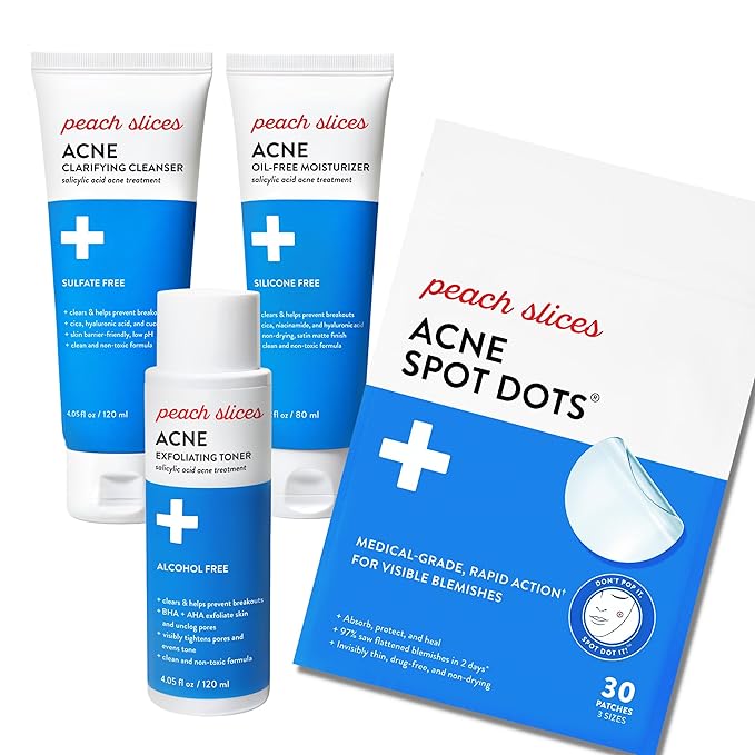 Peach Slices Acne Spot Dots, Exfoliating Toner, Clarifying Toner and Oil-Free Moisturizer Acne Fighting Bundle | Vegan and Cruelty-Free
