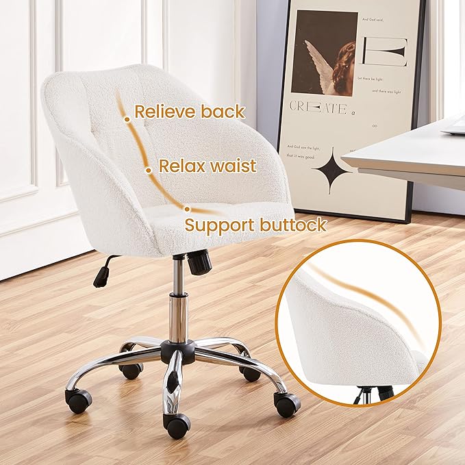 Yaheetech Boucle Desk Vanity Chair with Back Comfy Fluffy Swivel Office Chair with Wheels Adjustable Height Tilt Angle for Bedroom Ivory