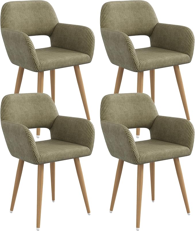 Home Office Desk Chair Set of 4, Corduroy Fabric Vanity Chair for Makeup with Hollow Backrest, Comfy Armchair Wood Frame with Strudy Metal Legs, Dark Green