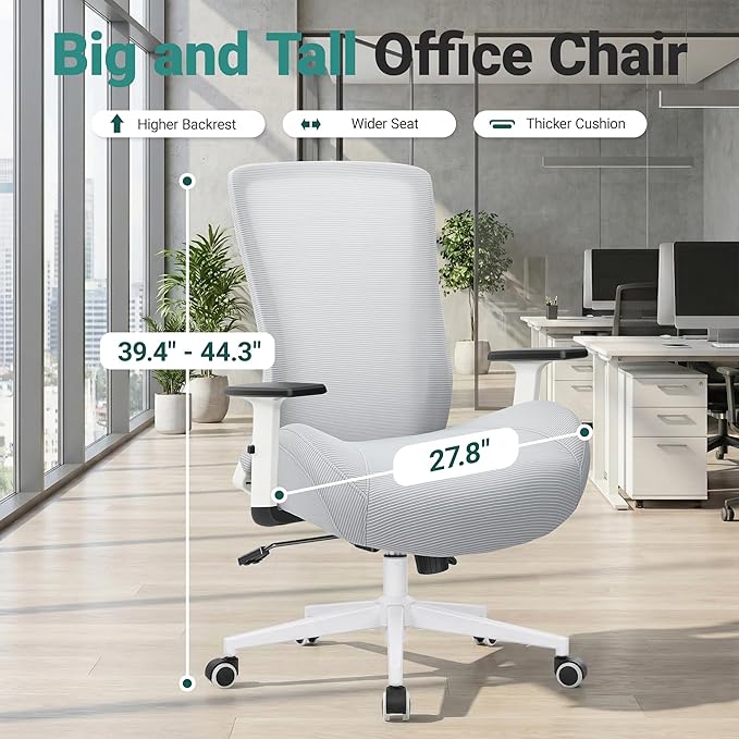 Big and Tall Home Office Desk Chair 500lb Capacity for Heavy People, Ergonomic Wide Mesh Desk Chair with Stepless Recline & Lock, 5.5" Thick Cushion, High Back, Adjustable Height & Armrests