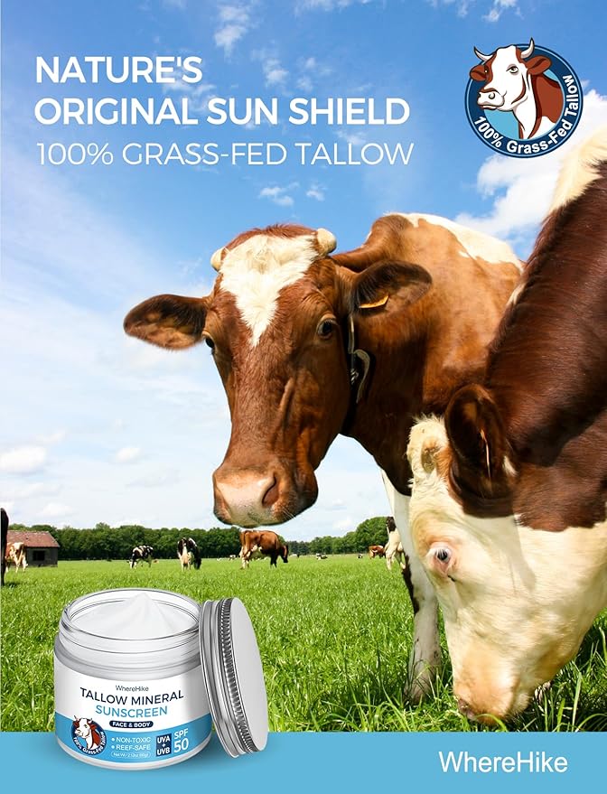 Organic Beef Tallow Sunscreen-SPF 50 with Zinc Oxide,Non-Toxic 2-in-1 Moisturizer & Mineral Sunblock | Reef Safe, Chemical-Free,Lightweight, Clean Formula for Sensitive Skin Natural Sunscreen.