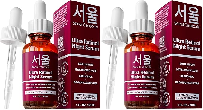 SeoulCeuticals 1% Korean Retinol Night Serum for Face - 97.5% Snail Mucin + Hyaluronic Acid + Bakuchiol, Cruelty Free K Beauty for Sensitive Skin 1oz (Pack of 2)