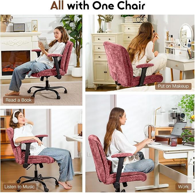 Criss Cross Chair with Wheels & Flip Arms, Wide Cross Legged Office Chair with Adjustable Tilt Criss-Cross Desk Chair with Lumbar Support for Home Office, Bedroom, Apartment Red