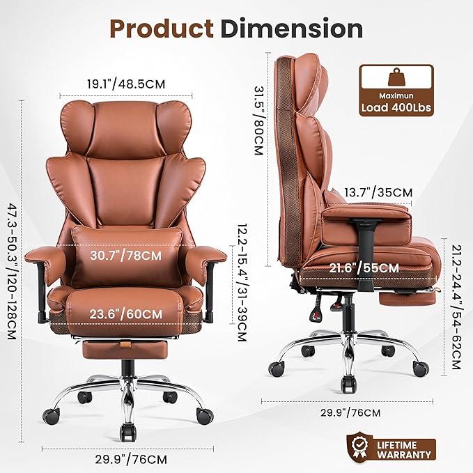 Big and Tall Office Chair - 400 LBS High Back Executive Chair with Footrest, Ergonomic Office Chair for Heavy People, Wide Padded Seat Computer Gaming Chair, Brown 2 Pack
