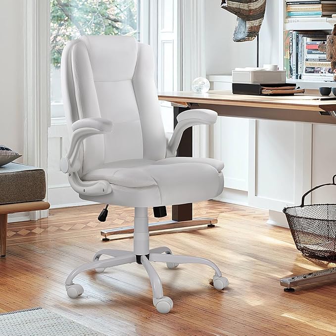 VITESSE Ergonomic Office Chair with Flip-up Armrests, Big and Tall Leather Executive Office Chair, High Back Lumbar Support Home Computer Desk Chair, Heavy and Duty Computer Chair (White)