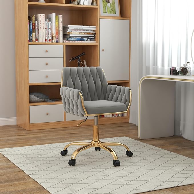 Velvet Home Office Chair, Modern Height Adjustable Cute Vanity Chair, 360° Swivel Makeup Chair Desk Chair with Golden Base and Hand Woven Backrest for for Bedroom/Study/Vanity(Light Gray)