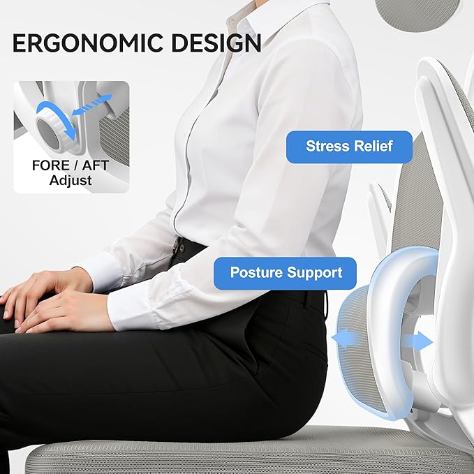 Ergonomic Office Chair, Mesh Desk Chair with Lumbar Support, High Back Home Office Chair with Adjustable Headrest and Flip-Up Arms, Comfortable Computer Chair, Thick Cushion, 300 LBS, LightGray
