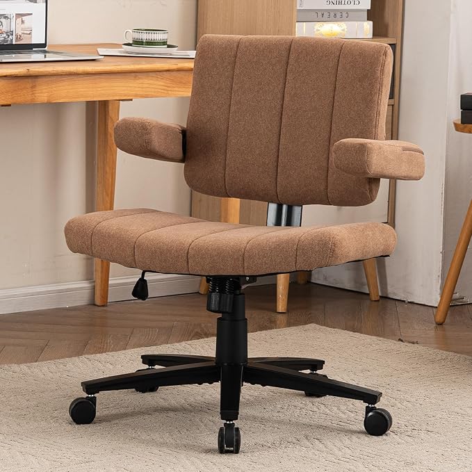 Criss Cross Chair with Wheels – Comfortable Vanity Chair, Wide Rolling Legged Office Chairs Arms, Adjustable Desk Comfy for Home Office, Swivel Task (Brown)