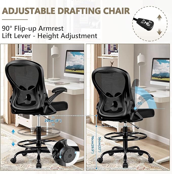 Winrise Drafting Chair, Tall Office Chair Ergonomic Standing Desk Chair, Lumbar Support Computer Chair Swivel Task Rolling Chair with Adjustable Flip-up Armrests Black Pack of 4