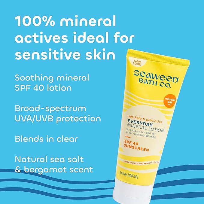 Seaweed Bath Co. Everyday Mineral SPF 40 Broad Spectrum Sunscreen Lotion, 3.4 Ounce, Sustainably Harvested Seaweed, Sea Kale, Prebiotics (Pack of 2)
