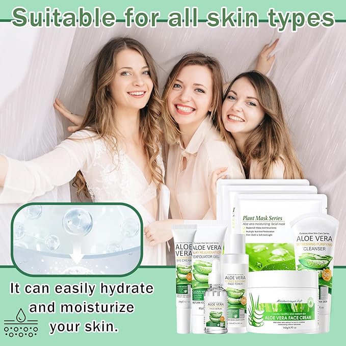 9 Pcs Aloe Vera Skincare Set with Moisturizing Facial Cleanser,Toner,Face Serum, Facial Cream, Eye Cream,Aloe Vera Gel and 3 Hydrating Face Sheet Masks Skin Care Set