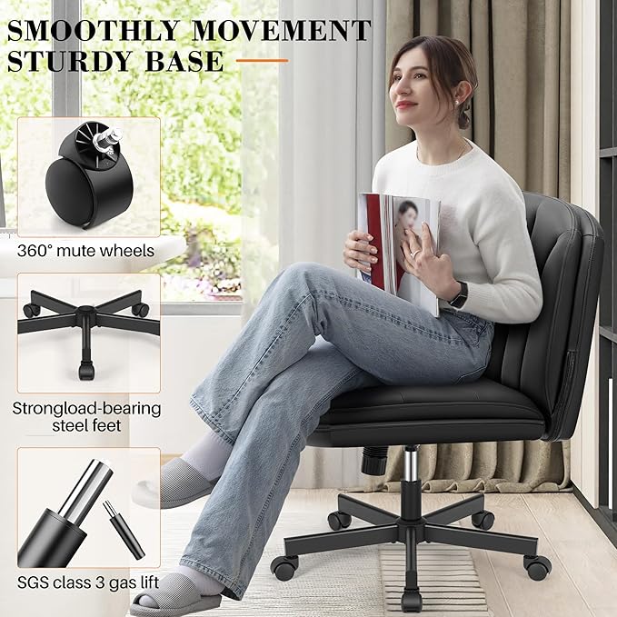 FelixKing Criss Cross Chair with Wheels, Cross Legged Office Chair, Armless Wide Vanity Desk Chair with 2 Layer Comfty Velvet & Back - Swivel for Home Office Bedroom, Dark Black