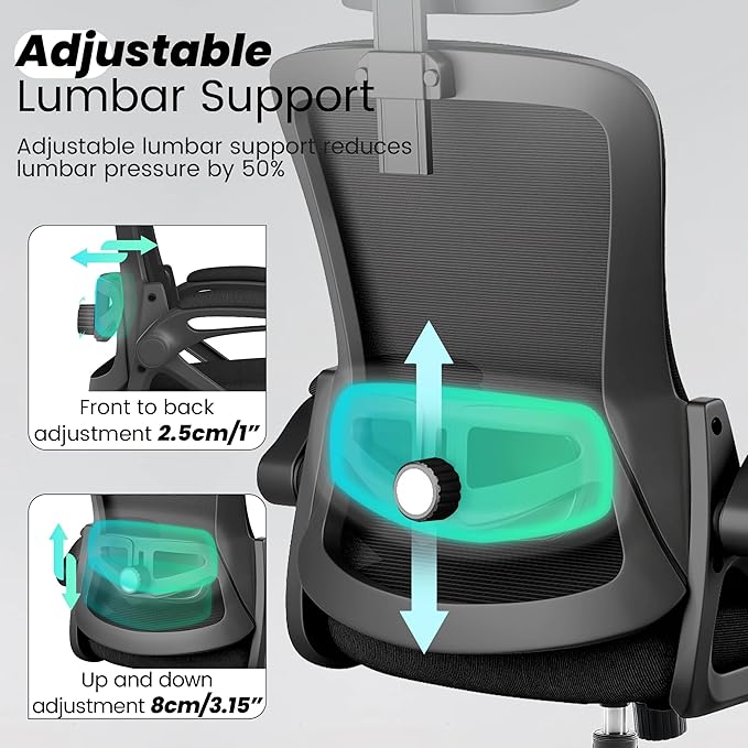Fizzin Office Chair, Ergonomic Office Chair with High Back Mesh and Adjustable Lumbar Support, Home Mesh Office Desk Chairs with Wheels, Comfortable Gaming Chair for Long Hours (Deep Black)